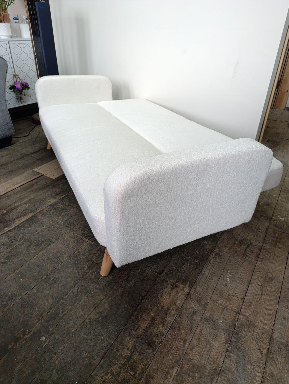 Three Seater Fabric 'Click-Clack' Sofa Bed - White Boucle, Retro Design, Space-Saving