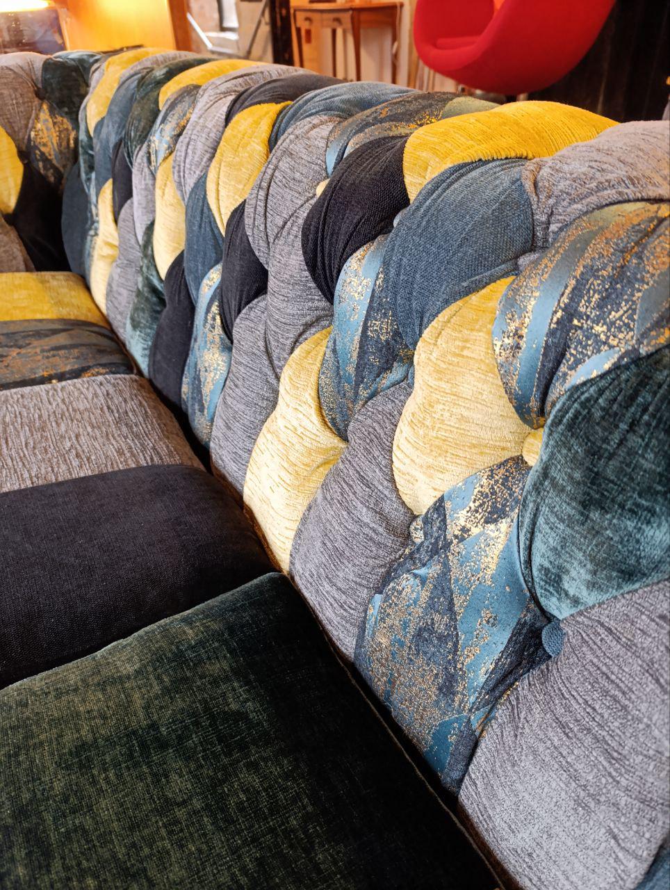 1980s Vintage Chesterfield Sofa - Patchwork Upholstery, Studded Detailing, Buttoned Back