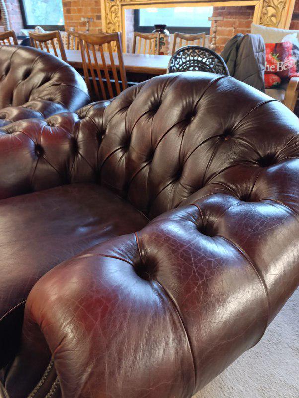 Vintage Arts and Crafts Leather Hide Sofa in Chesterfield Style