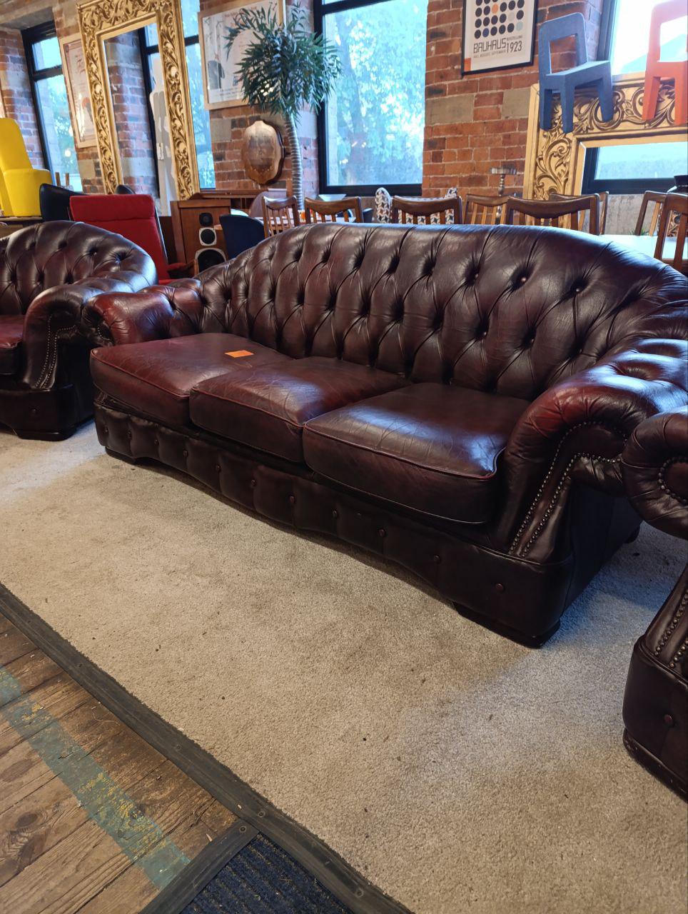 Vintage Arts and Crafts Leather Hide Sofa in Chesterfield Style