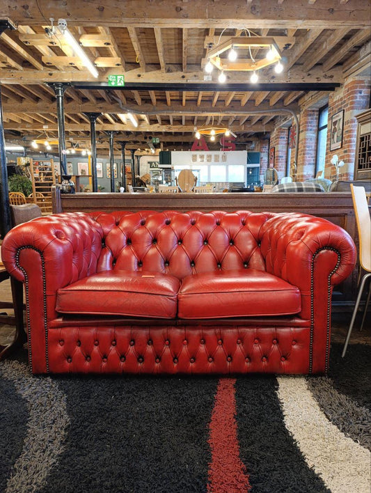 Vintage Two Seater Chesterfield Club / Tub Chair in Red Leather