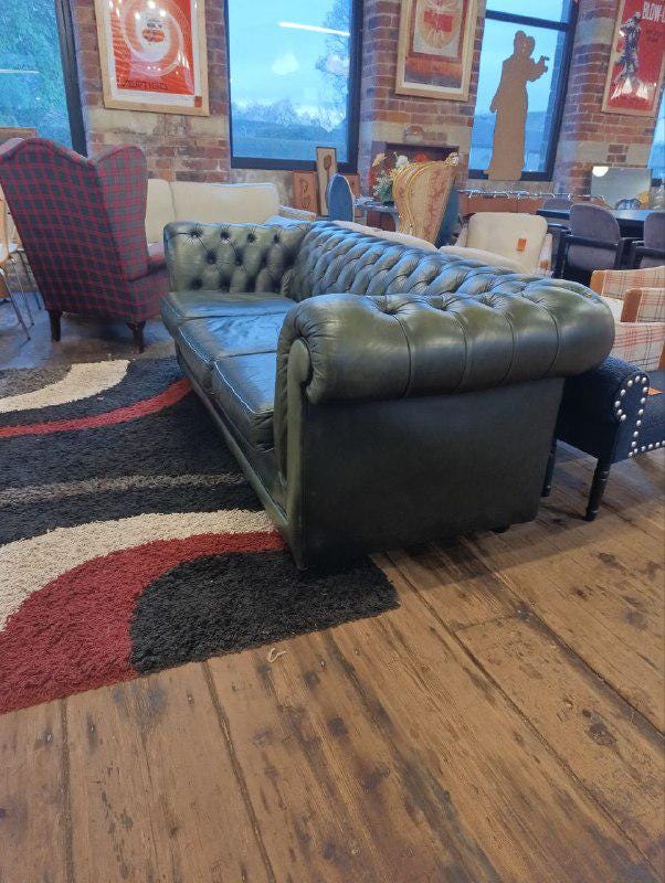 Classic Chesterfield Three-Seater Sofa in Green Leather