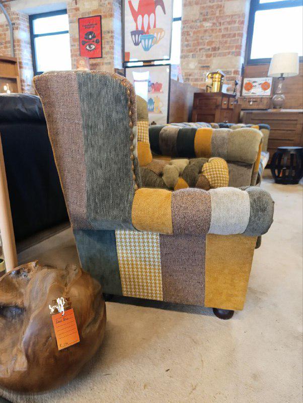 Newly Upholstered Vintage Chesterfield Armchair in Harlequin Style Patchwork
