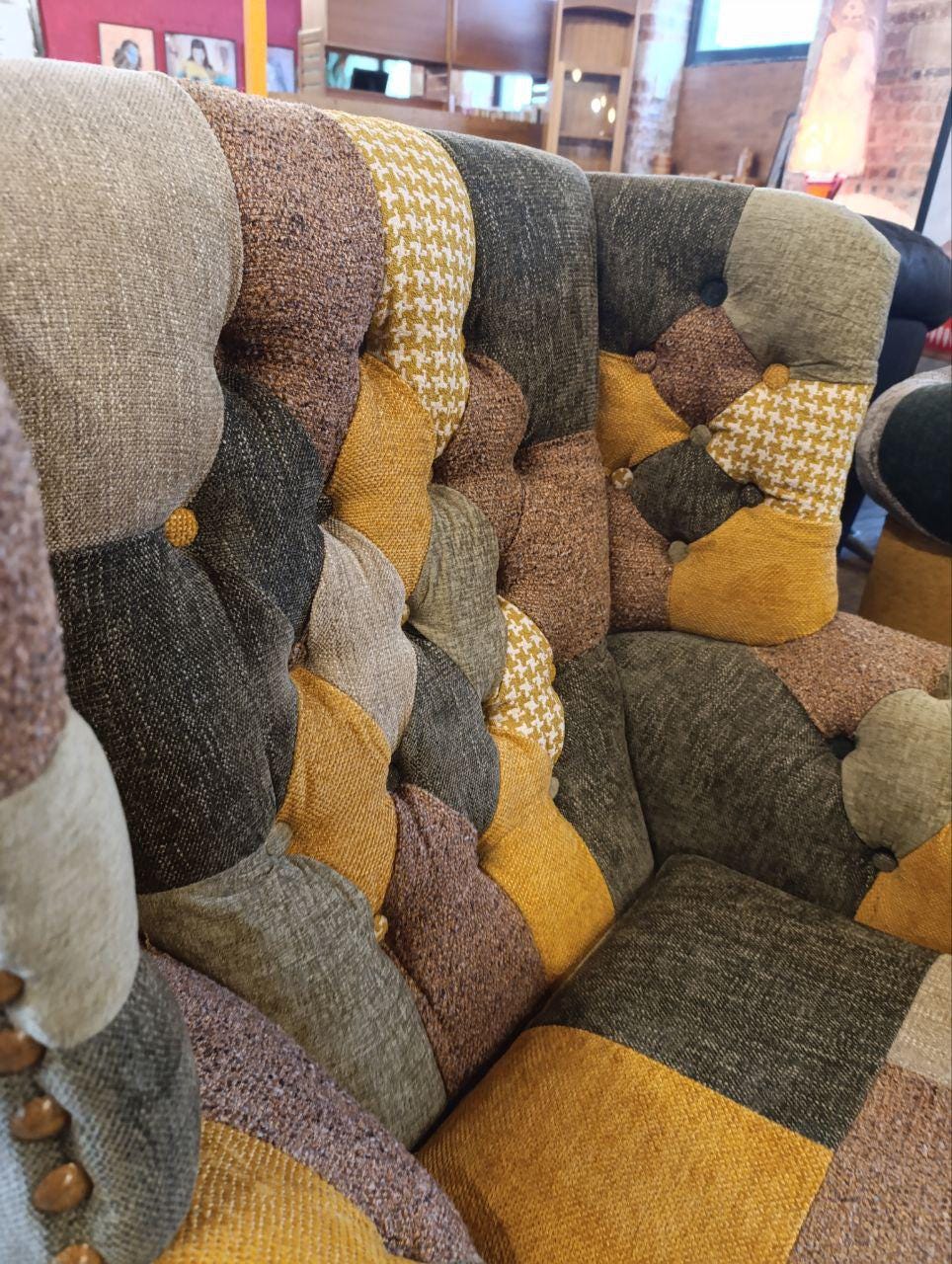 Newly Upholstered Vintage Chesterfield Armchair in Harlequin Style Patchwork