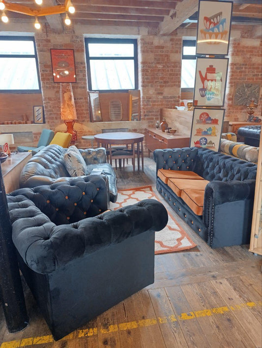 Vintage Chesterfield Sofa and Club Chairs - New Retro Upholstery