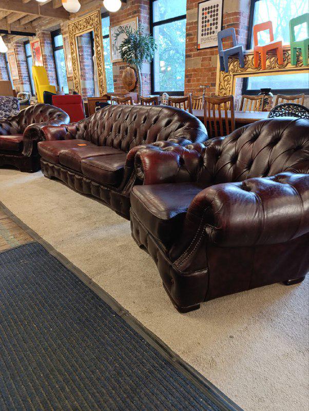 Vintage Arts and Crafts Leather Hide Sofa in Chesterfield Style