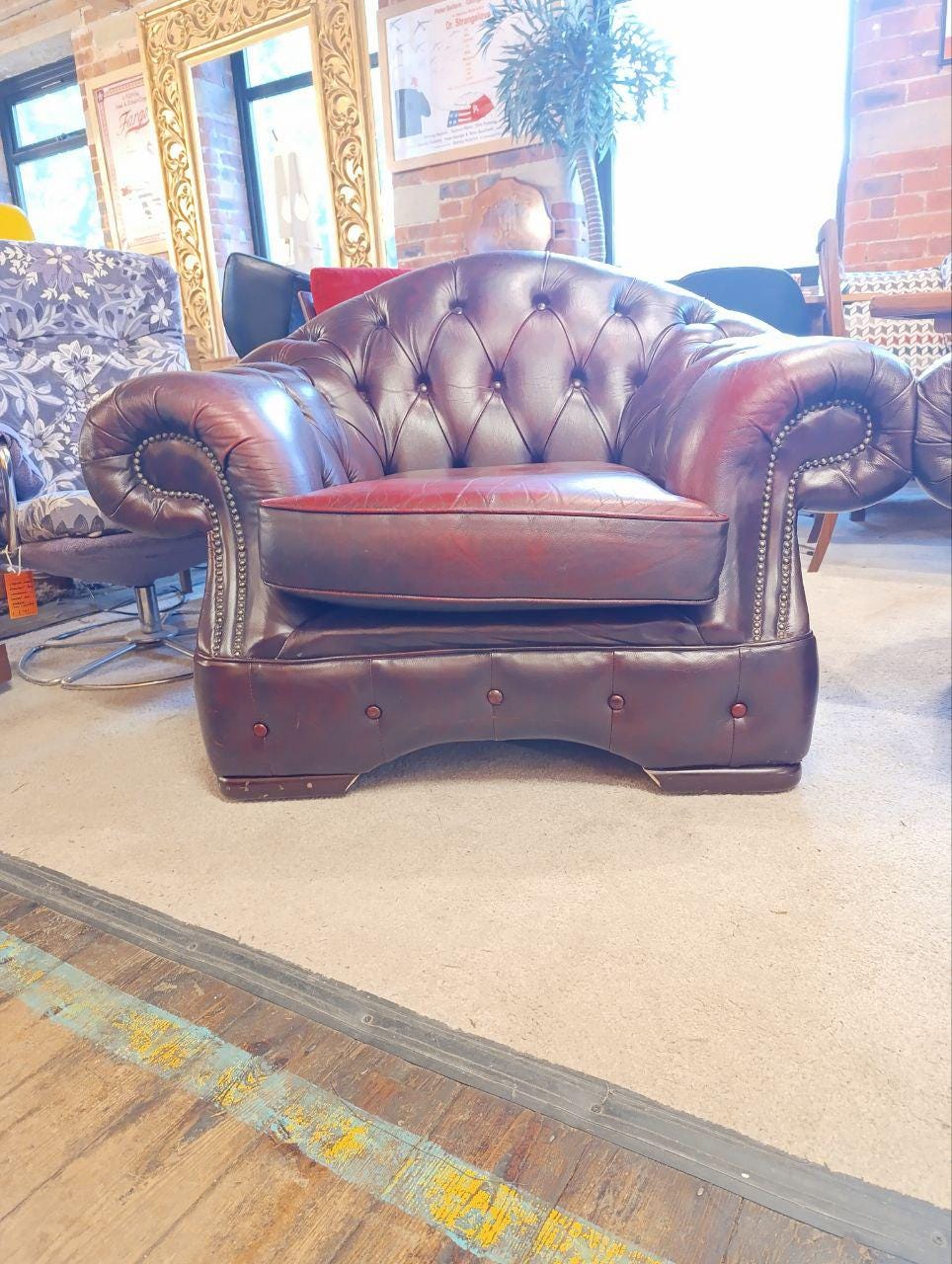Vintage Arts and Crafts Leather Hide Sofa in Chesterfield Style