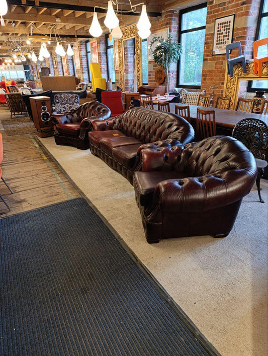 Vintage Arts and Crafts Leather Hide Sofa in Chesterfield Style