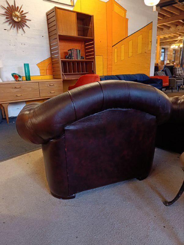 Vintage Arts and Crafts Leather Hide Sofa in Chesterfield Style