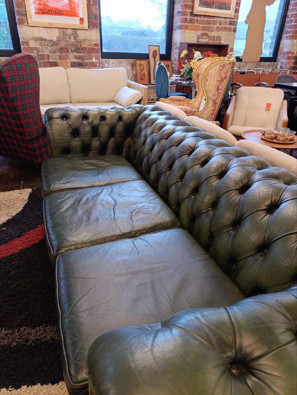 Classic Chesterfield Three-Seater Sofa in Green Leather