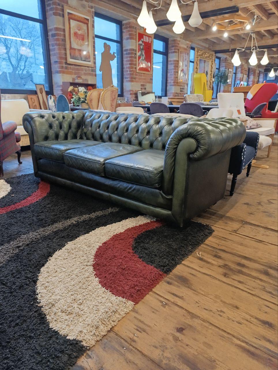 Classic Chesterfield Three-Seater Sofa in Green Leather