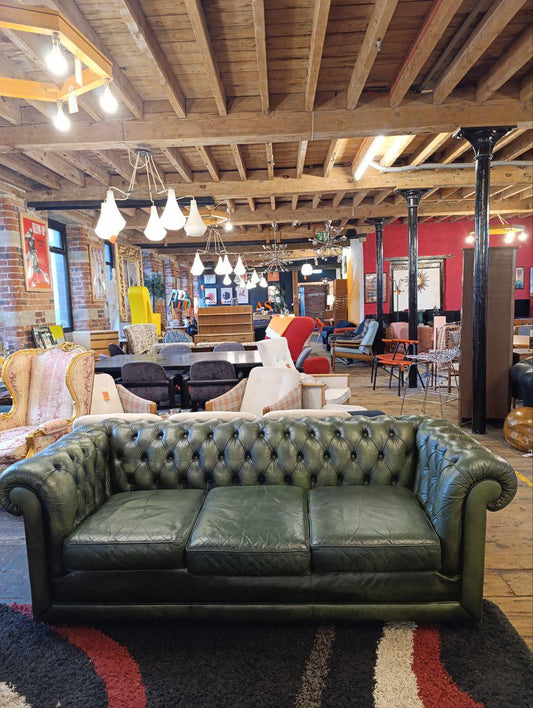 Classic Chesterfield Three-Seater Sofa in Green Leather