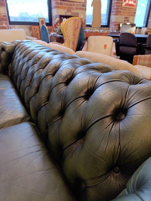Classic Chesterfield Three-Seater Sofa in Green Leather