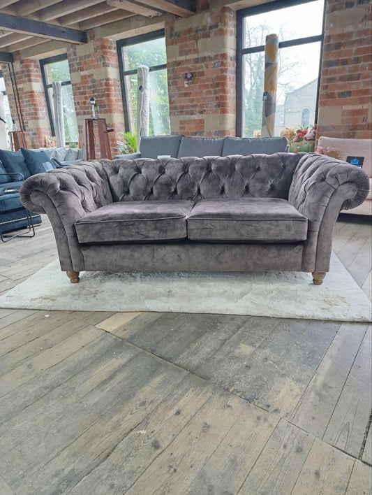 Luxurious Chesterfield Sofa in Grey Fabric - Brand New Upholstery