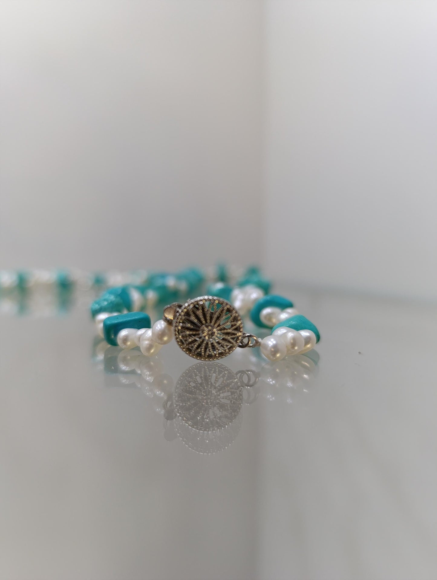Turquoise and Pearl Necklace & Bracelet Set