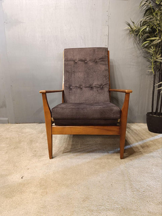 Vintage 1960s British Cintique Armchair - Restored Beech & Brown Wool (Pair Available)