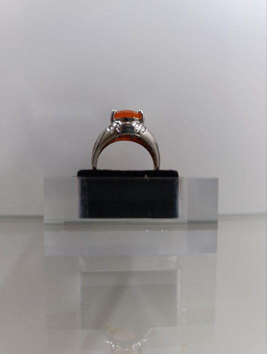 Unisex Sterling Silver Ring - Amber Coloured Stone with Floral Shoulders