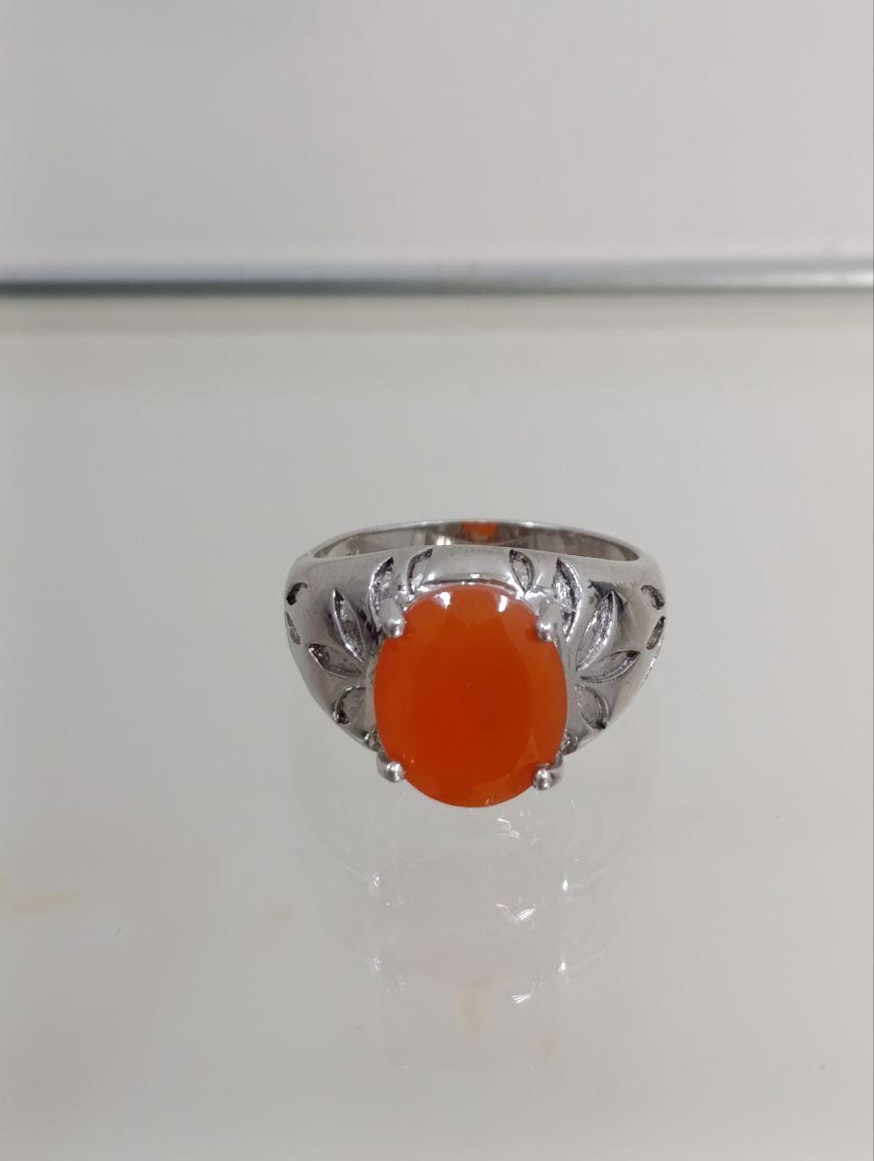 Unisex Sterling Silver Ring - Amber Coloured Stone with Floral Shoulders