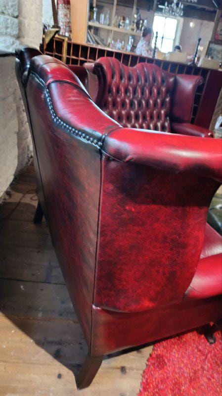 Edwardian Style Red Leather Chesterfield High-Back Sofa with Queen Anne Legs