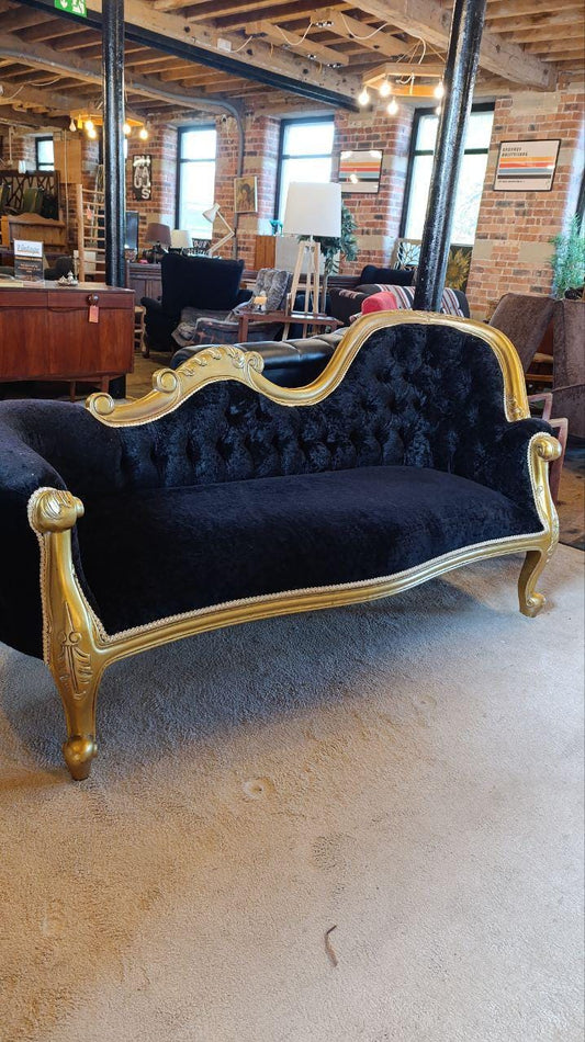 French Rococo Revival Giltwood Chaise Longue with Velvet Chenille Upholstery