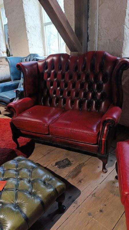 Edwardian Style Red Leather Chesterfield High-Back Sofa with Queen Anne Legs