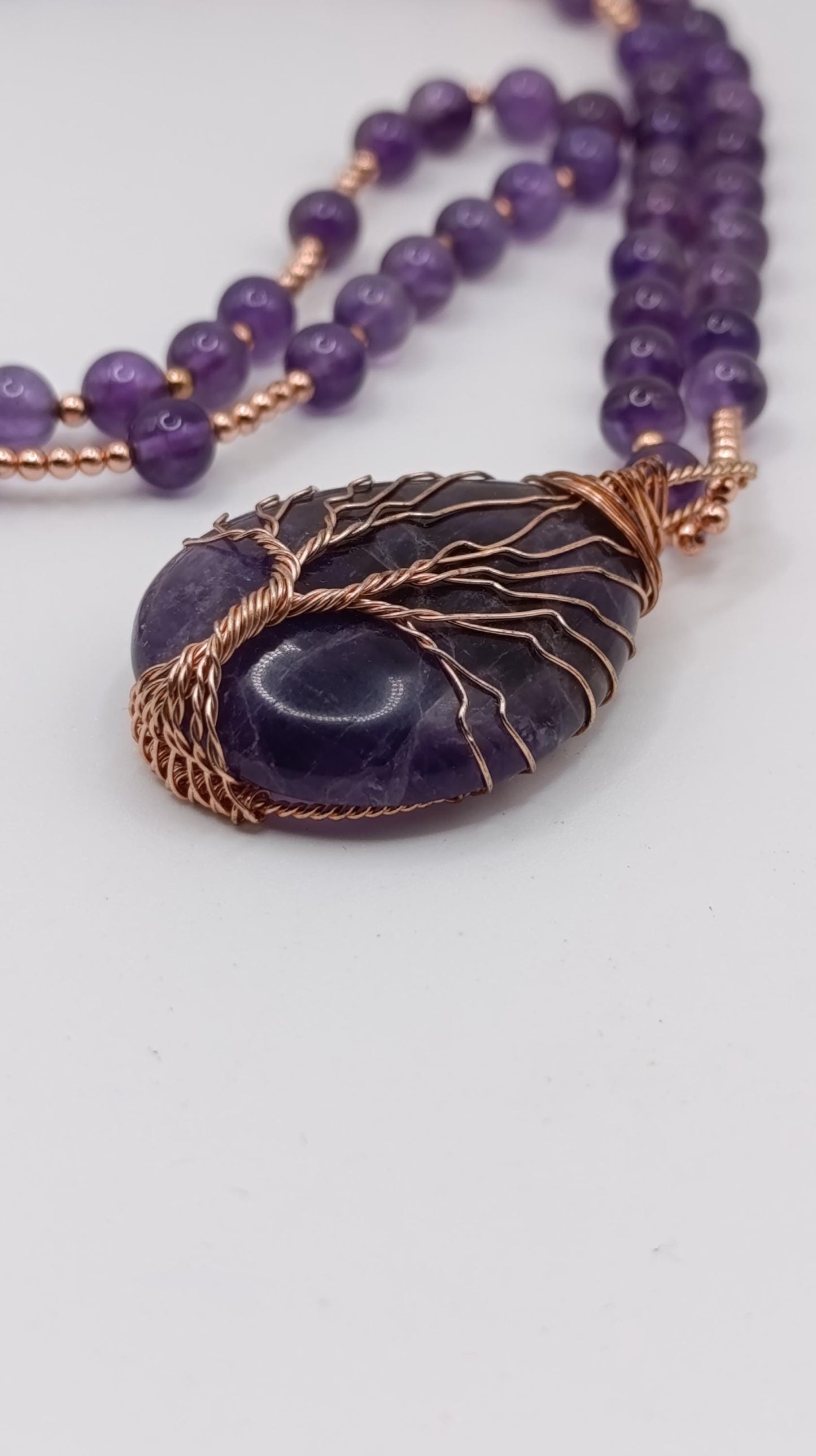 Amethyst Beaded Necklace with Tree of Life Copper Wire Pendant