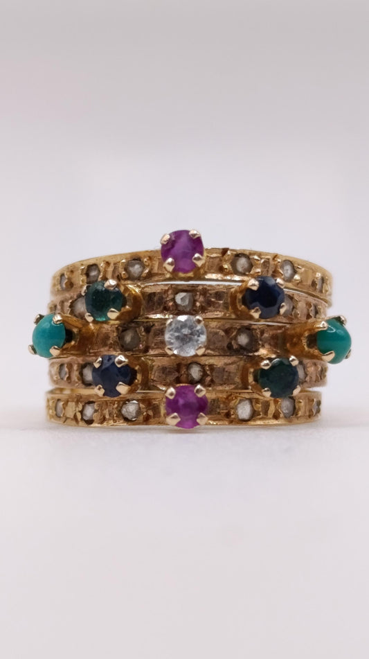 Edwardian 18ct Gold Multi-Gem Stacking Harem Ring Set with Rose Cut Diamonds