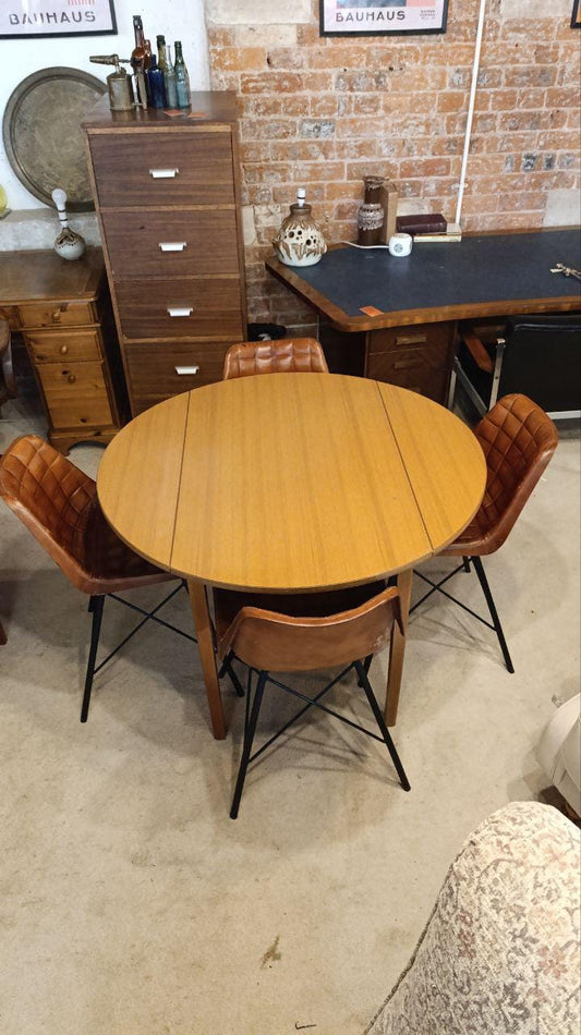Vintage 1970s Drop-Leaf Dining Table with Four Mid-Century Style Leather Chairs