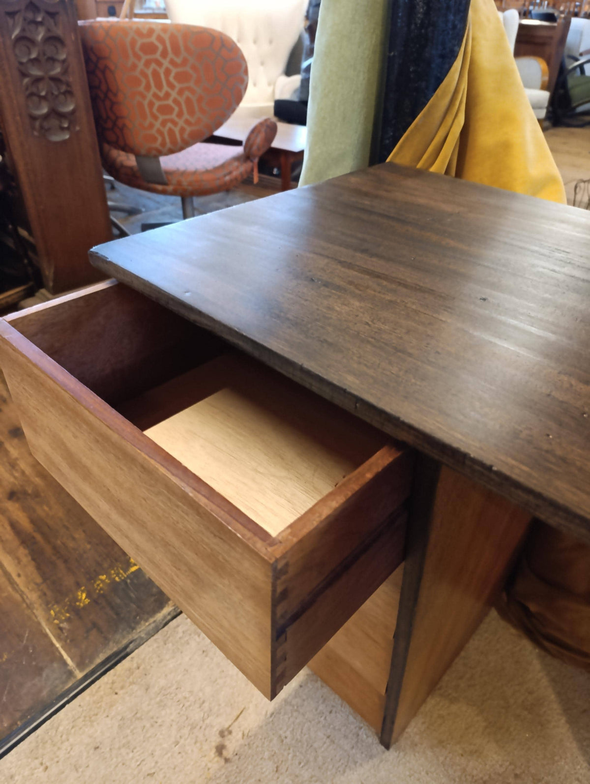 Teak Pedestal Desk with Ebonised Top, 1980s — photograph 10