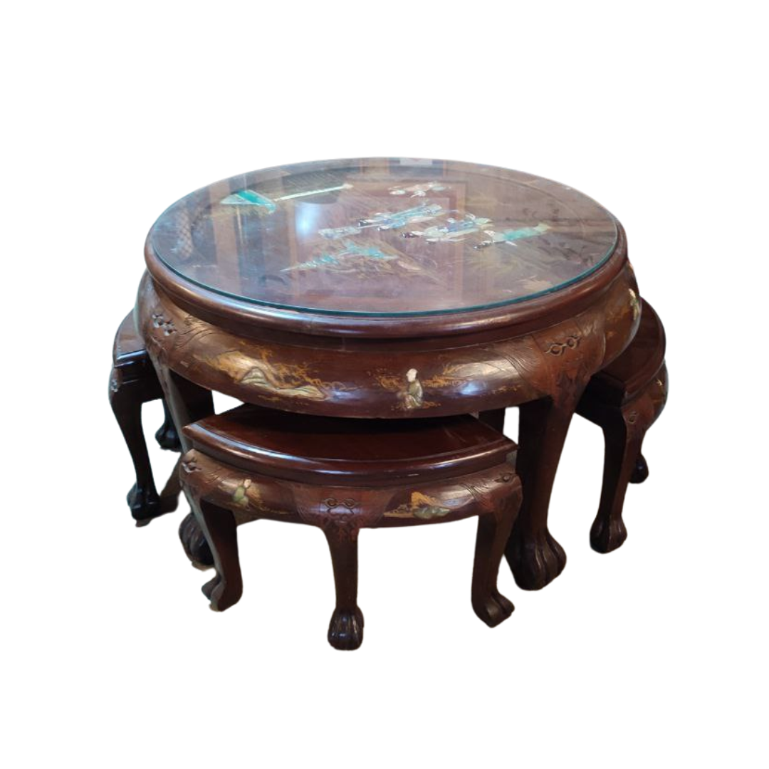1940 s Chinese Tea Table with Hand Carved Jade and Four Mahogany Stools