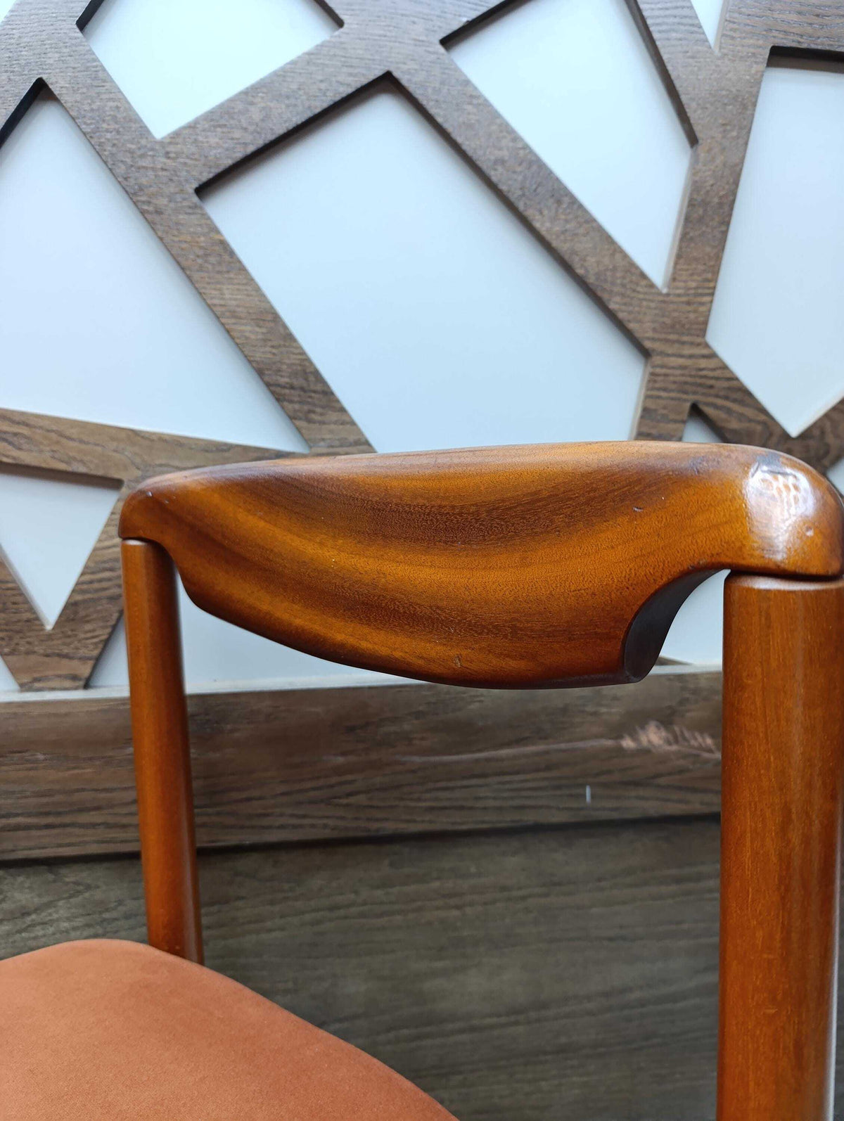 Teak Desk Chair with Sculpted Back and Orange Velvet Seat, 1960s — photograph 11