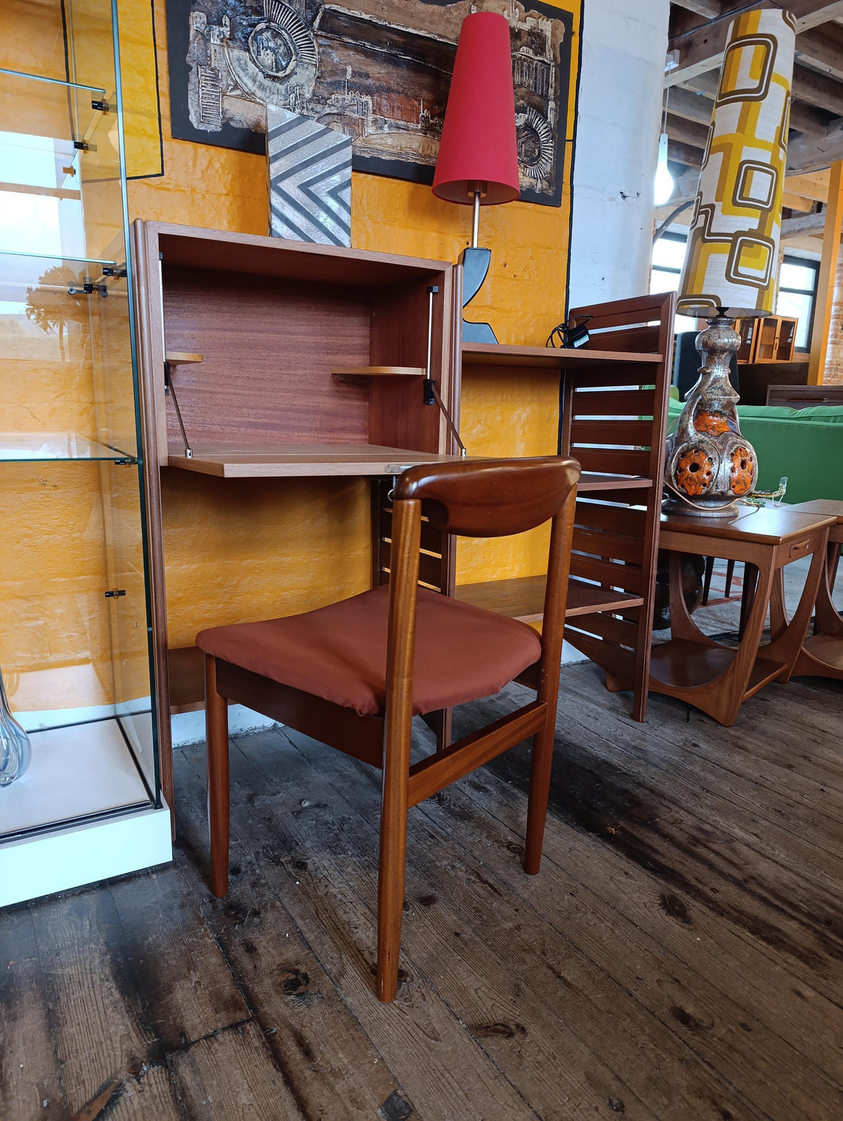 Teak Desk Chair with Sculpted Back and Orange Velvet Seat, 1960s — photograph 1