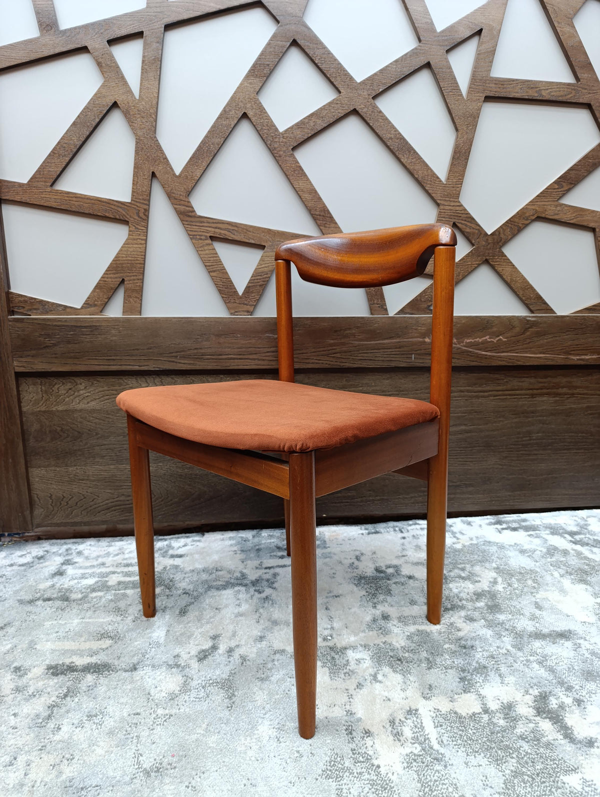 Teak Desk Chair with Sculpted Back and Orange Velvet Seat, 1960s — photograph 5