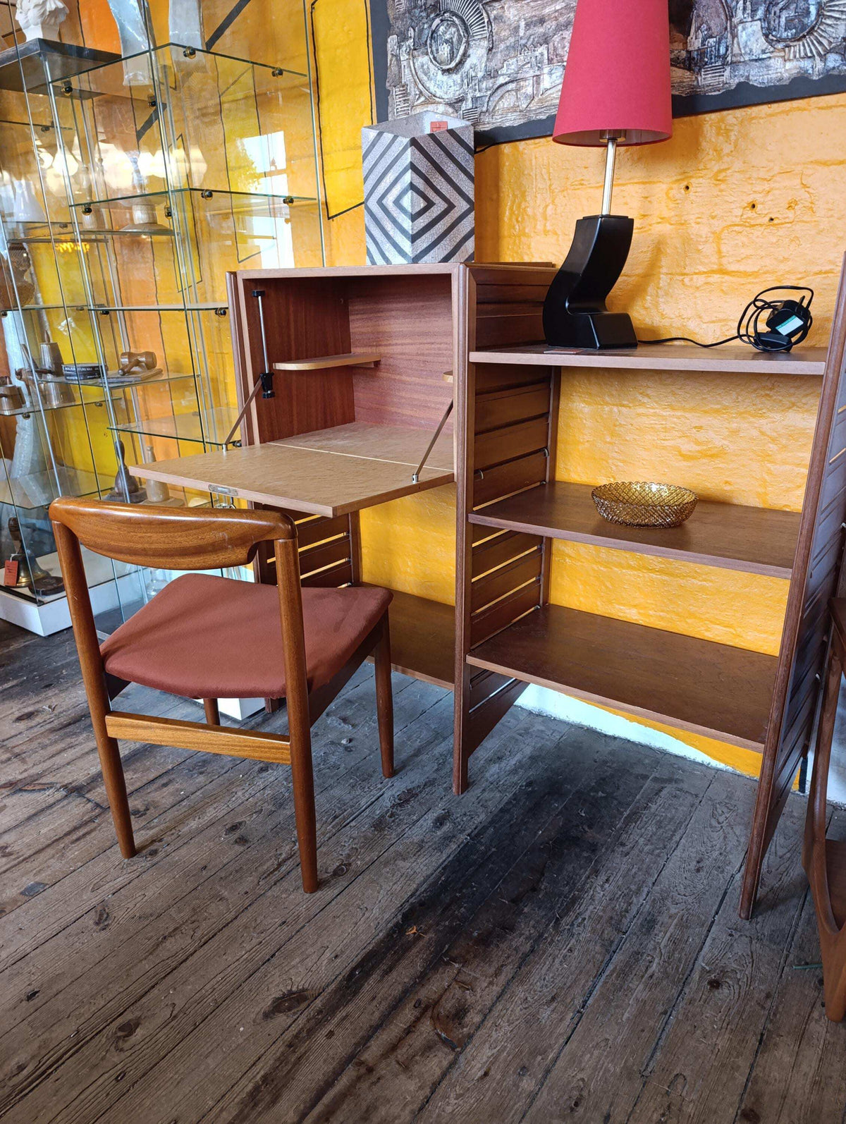 Teak Desk Chair with Sculpted Back and Orange Velvet Seat, 1960s — photograph 2