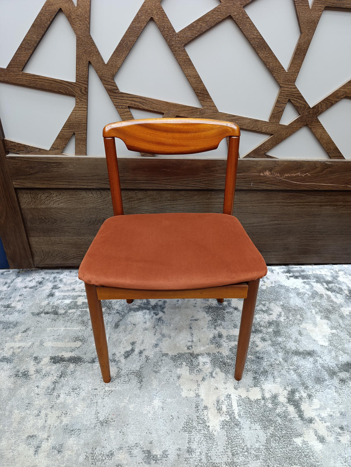 Teak Desk Chair with Sculpted Back and Orange Velvet Seat, 1960s — photograph 7