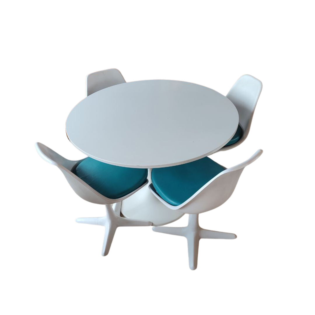 Mid Century White Dining Set with Swivel Chairs by Maurice Burke for Arkana