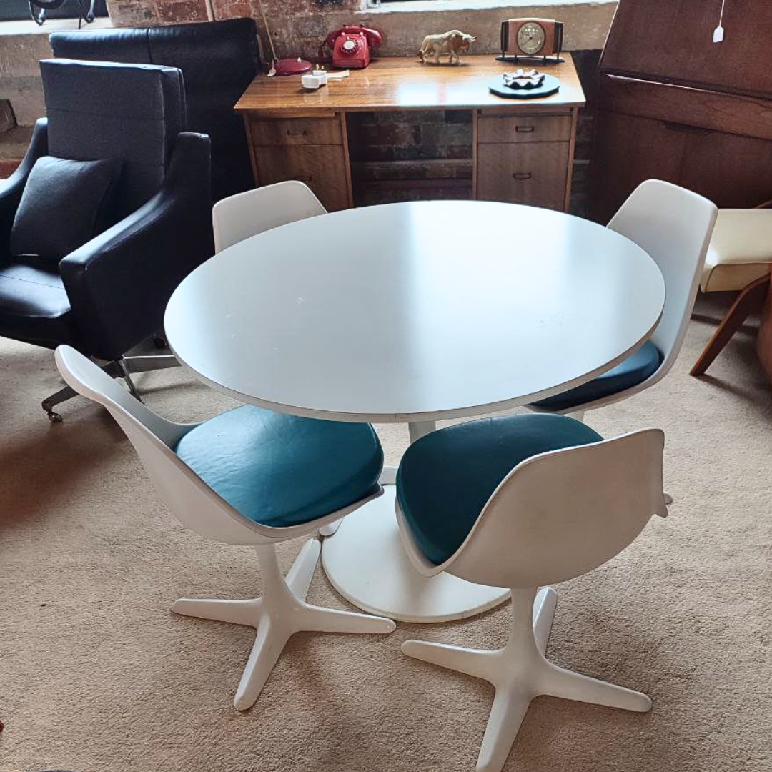 Mid Century White Dining Set with Swivel Chairs by Maurice Burke for Arkana