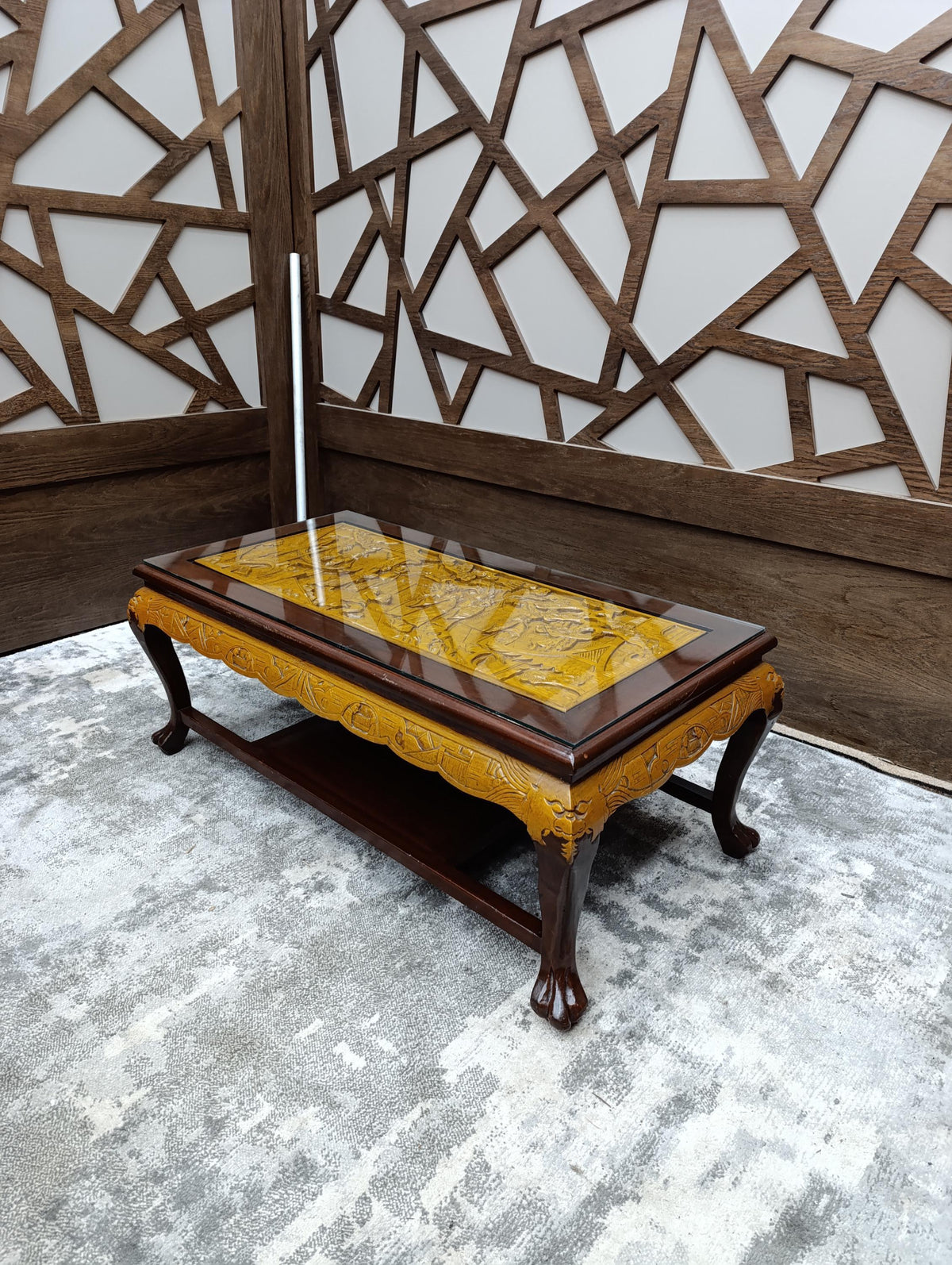 Chinoiserie Coffee Table with Carved Relief Panel — photograph 4