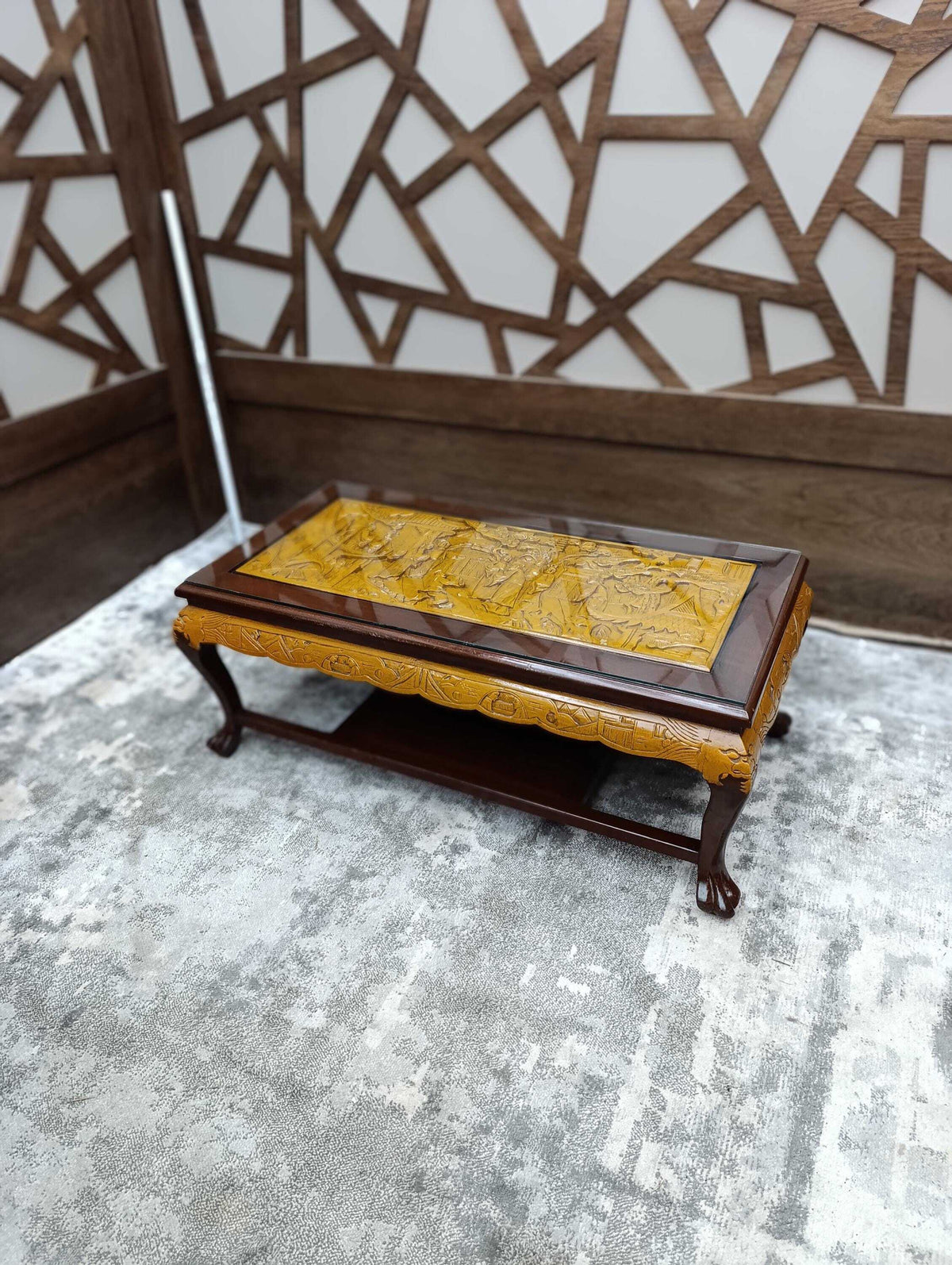 Chinoiserie Coffee Table with Carved Relief Panel — photograph 5