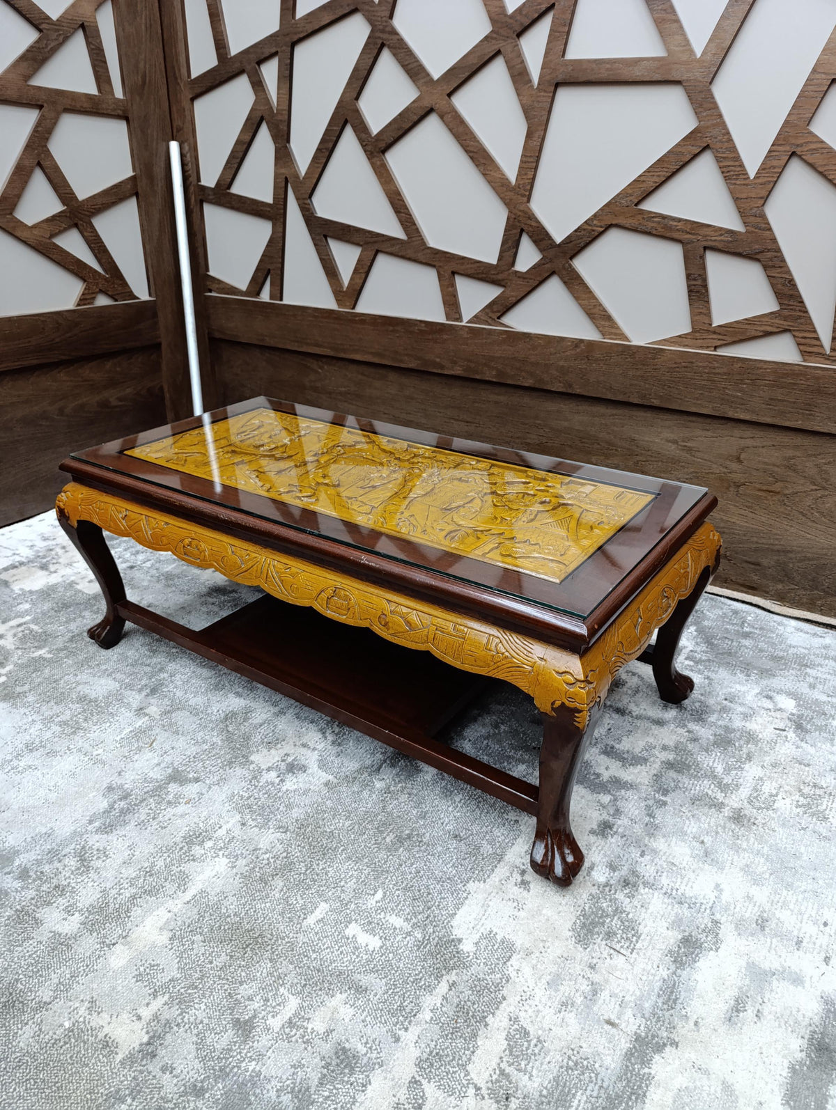 Chinoiserie Coffee Table with Carved Relief Panel — photograph 3