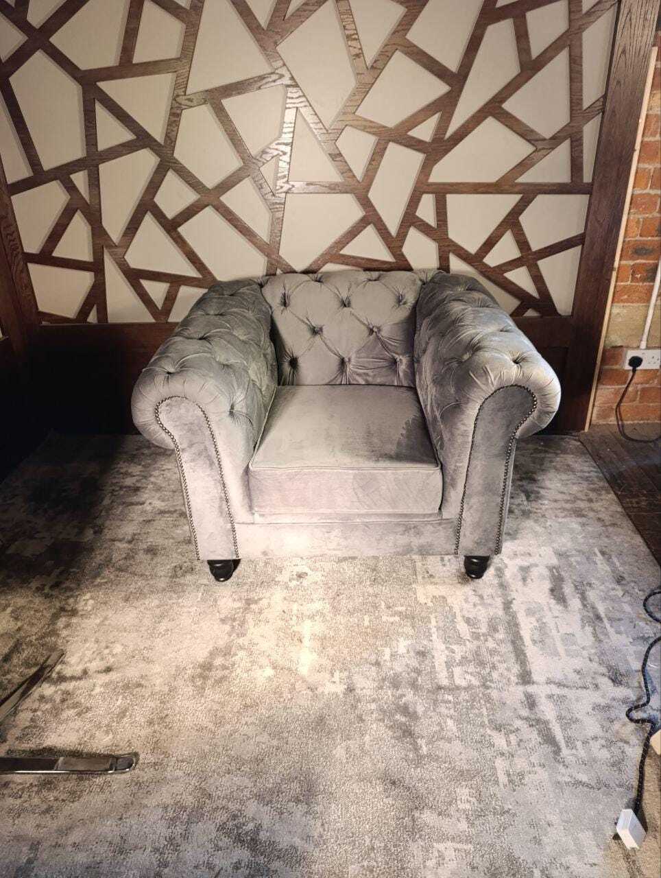 Grey Velvet Chesterfield-Style Armchair with Stud Detailing — photograph 2
