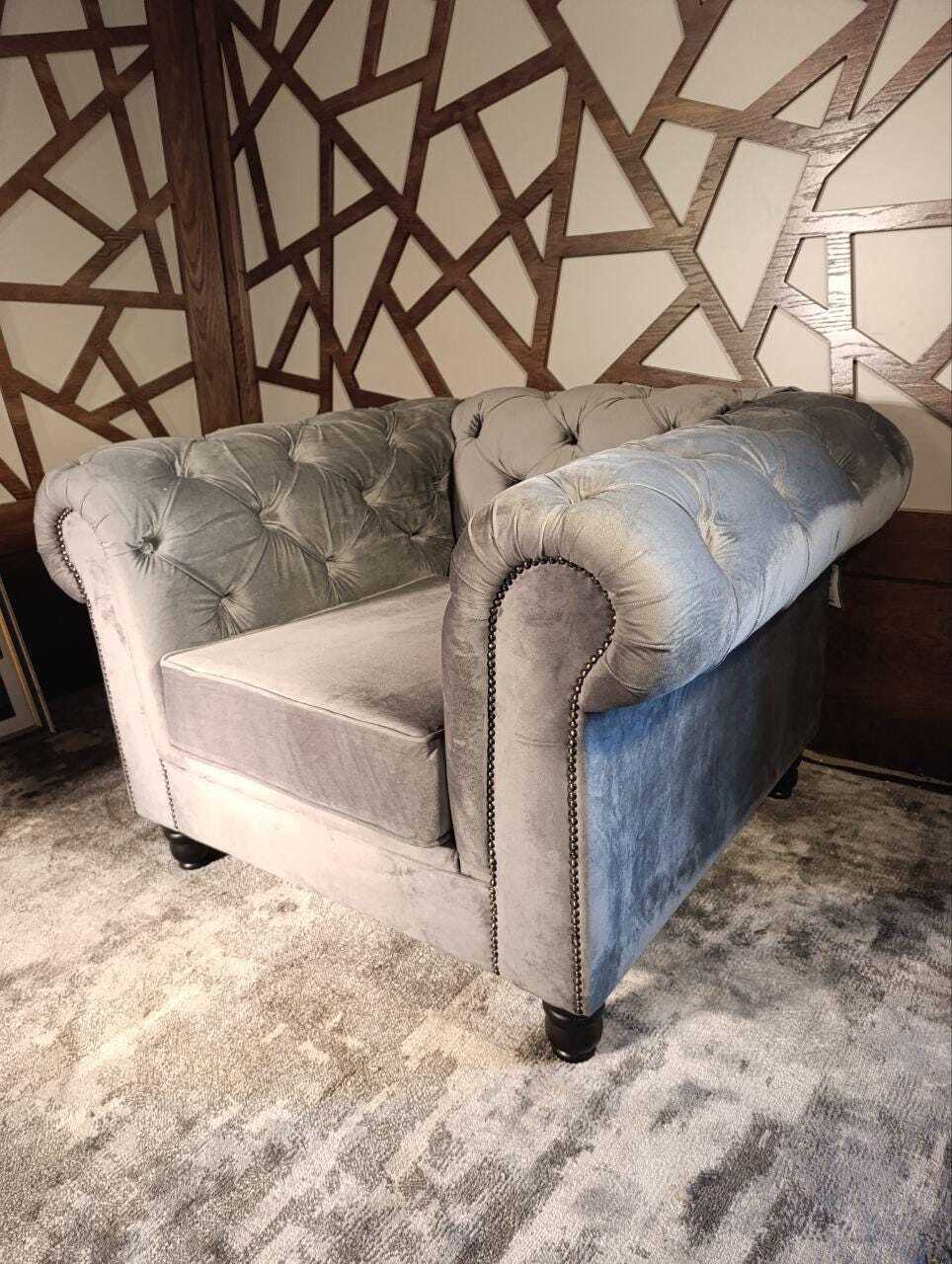 Grey Velvet Chesterfield-Style Armchair with Stud Detailing — photograph 3