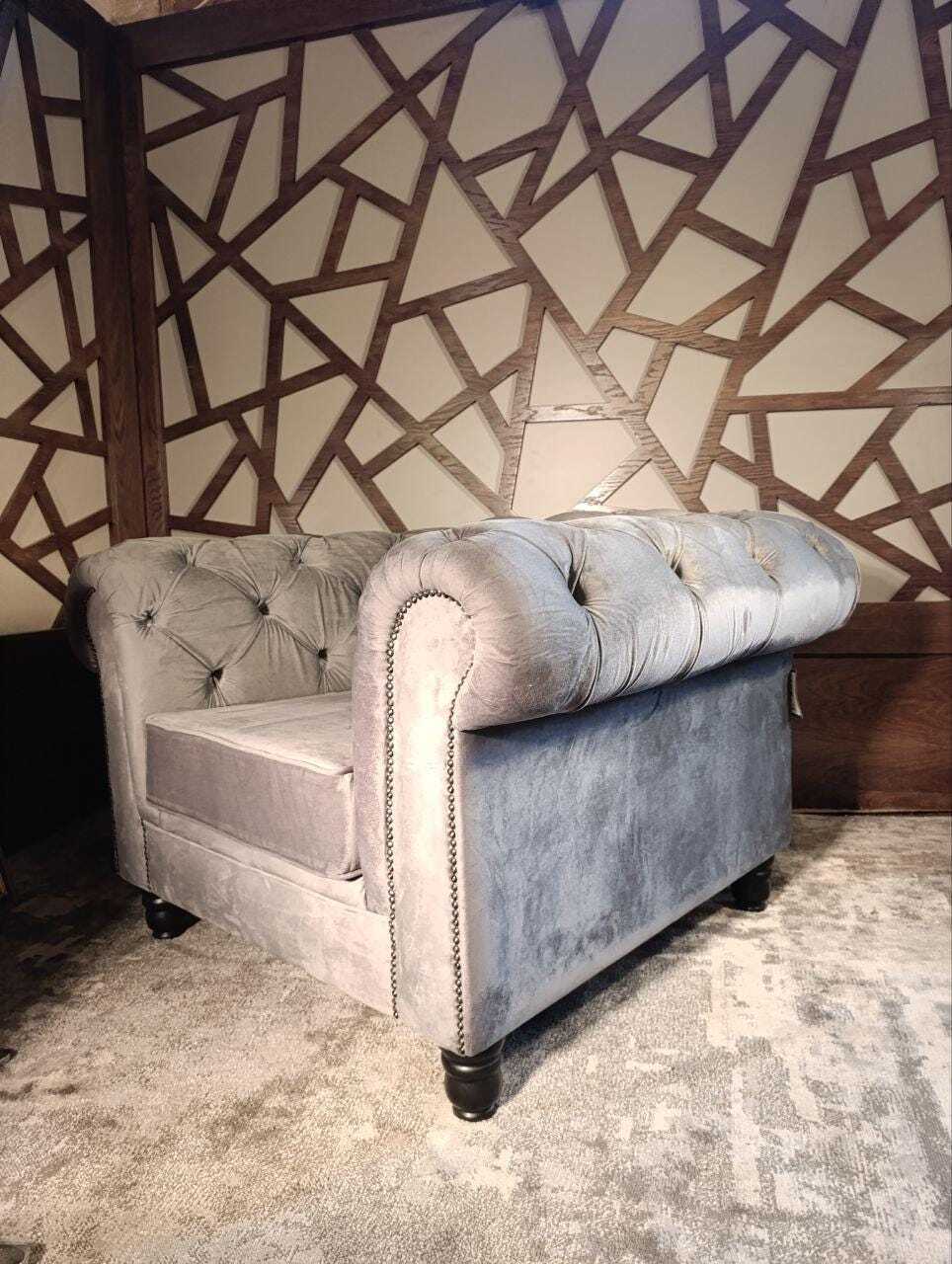 Grey Velvet Chesterfield-Style Armchair with Stud Detailing — photograph 8