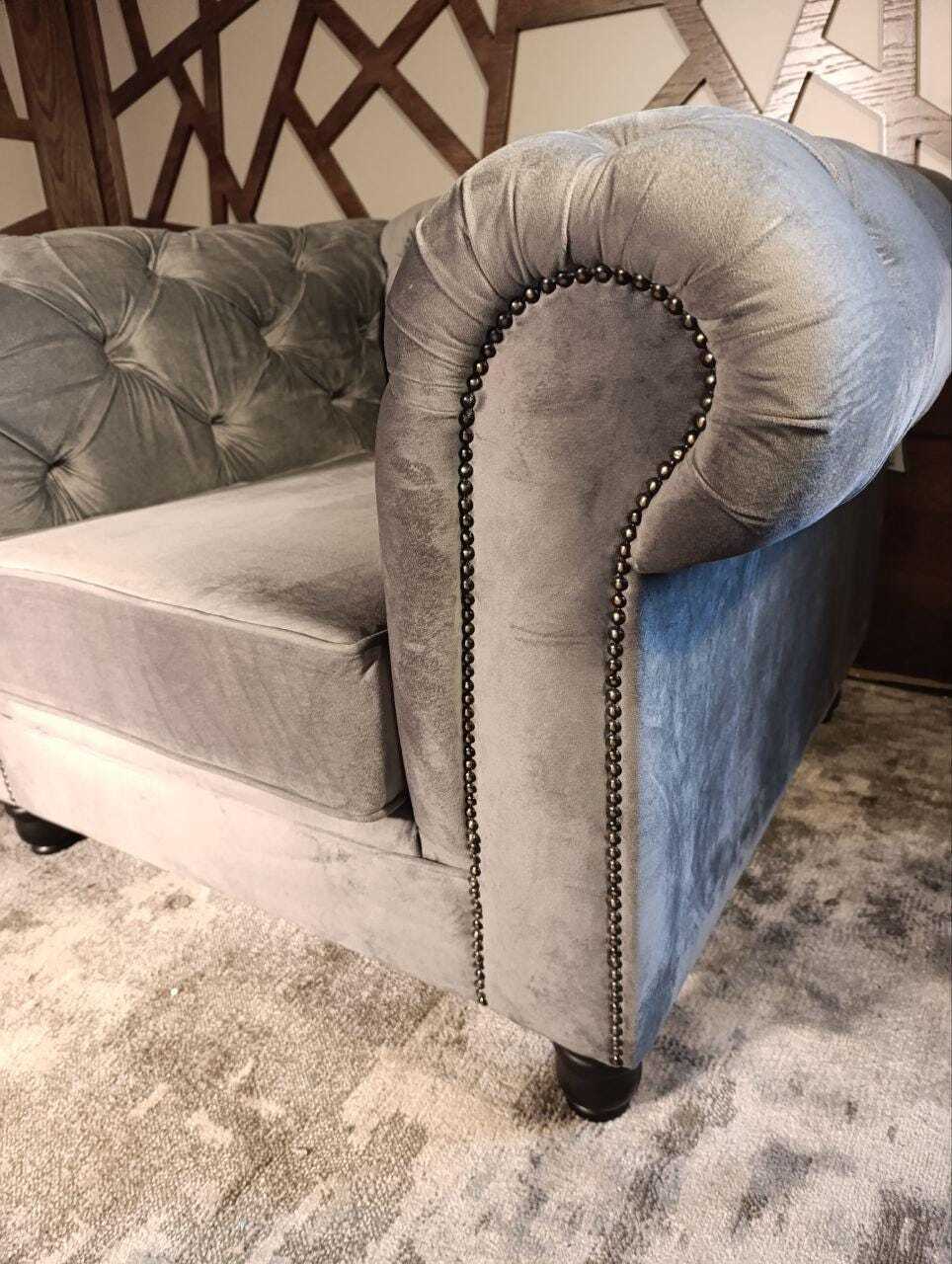 Grey Velvet Chesterfield-Style Armchair with Stud Detailing — photograph 4