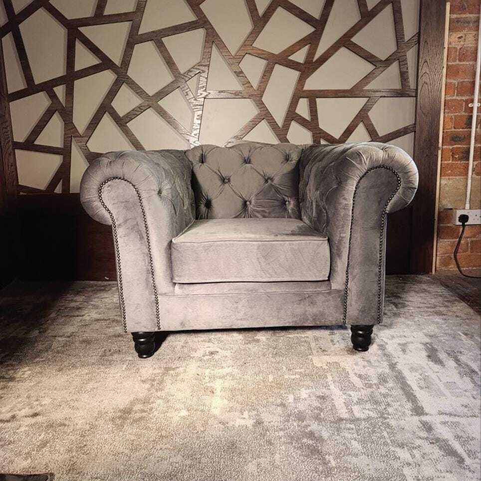 Grey Velvet Chesterfield-Style Armchair with Stud Detailing — photograph 1