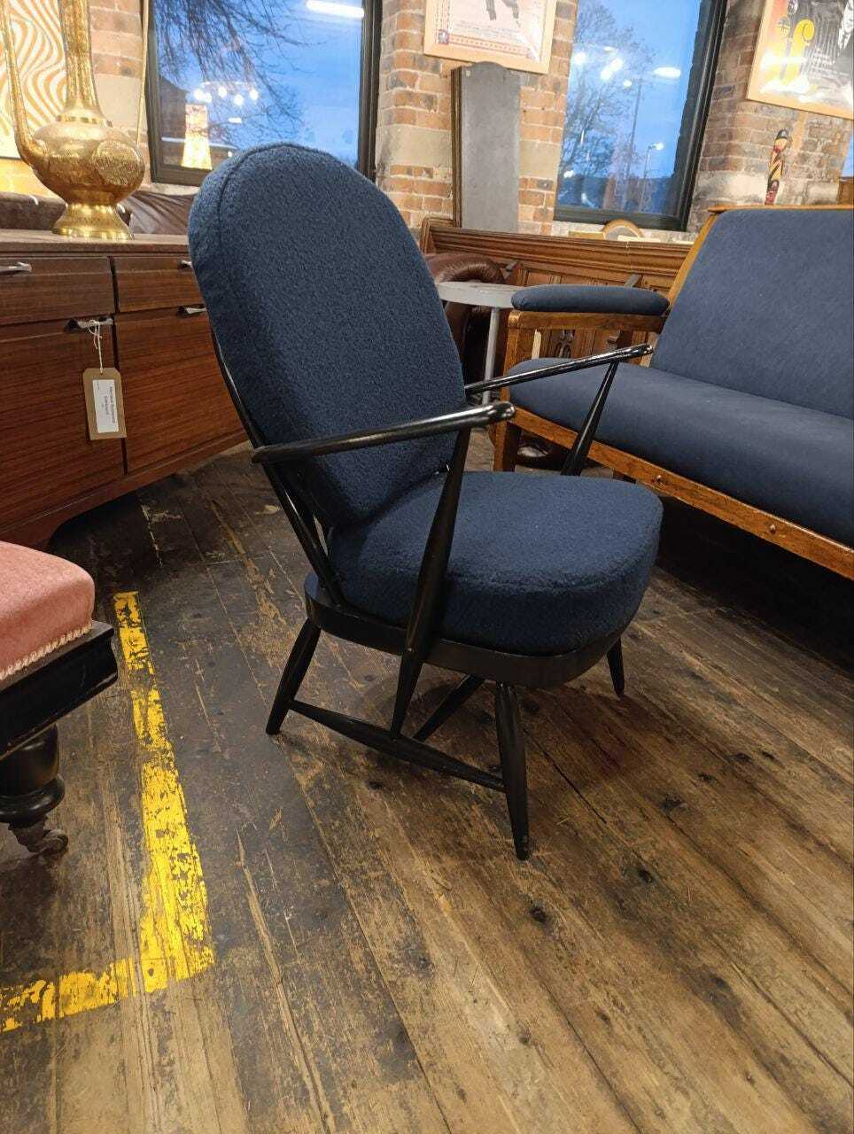 Ercol Armchair by Lucian Ercolani in Blue Bouclé, 1950s — photograph 3