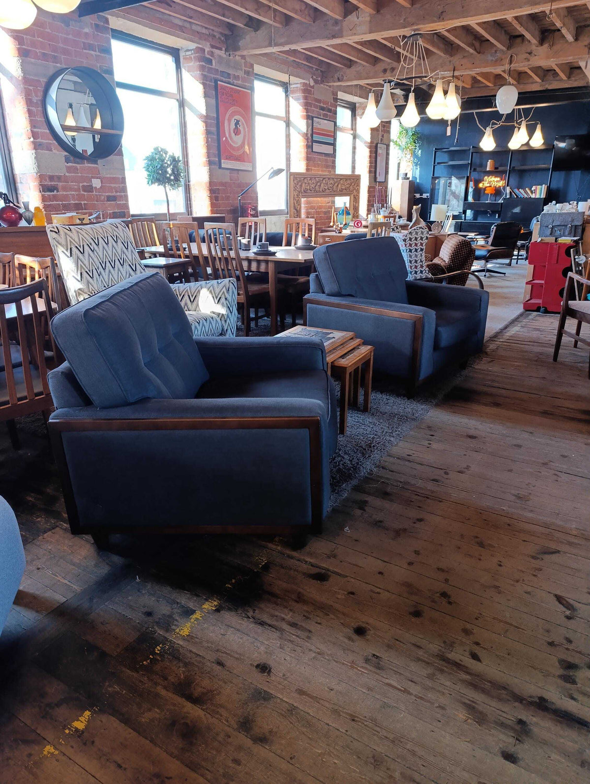 G Plan Vintage Agatha Armchair in Blue Fabric and Walnut — photograph 2