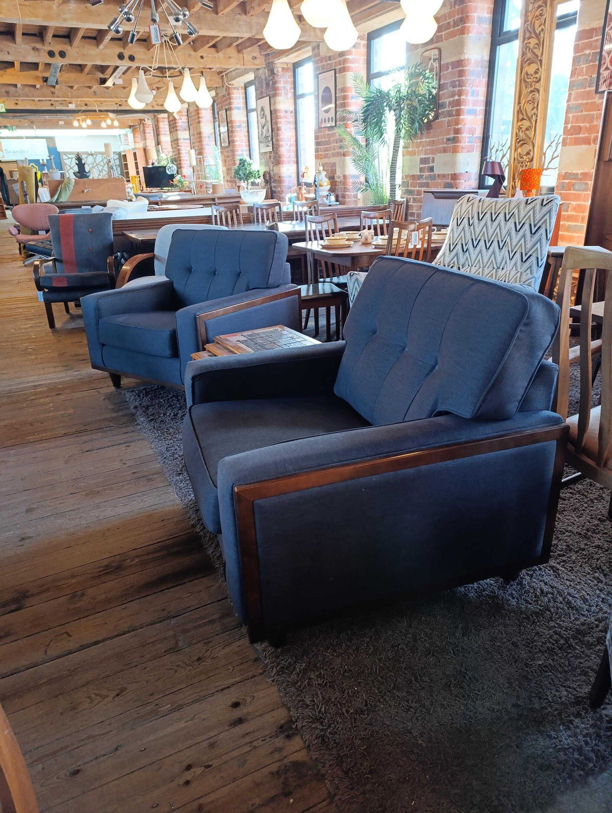G Plan Vintage Agatha Armchair in Blue Fabric and Walnut — photograph 3