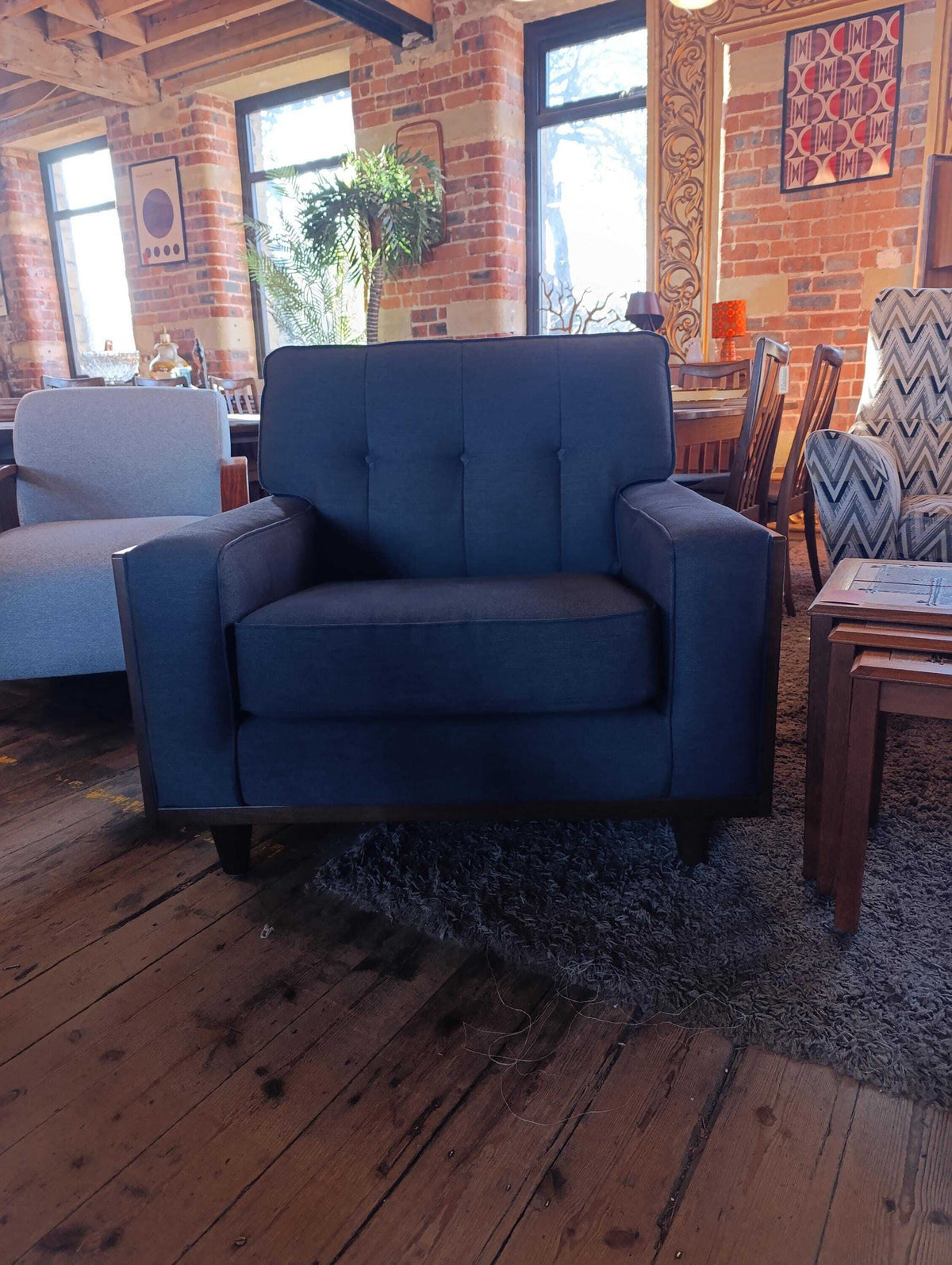 G Plan Vintage Agatha Armchair in Blue Fabric and Walnut — photograph 6