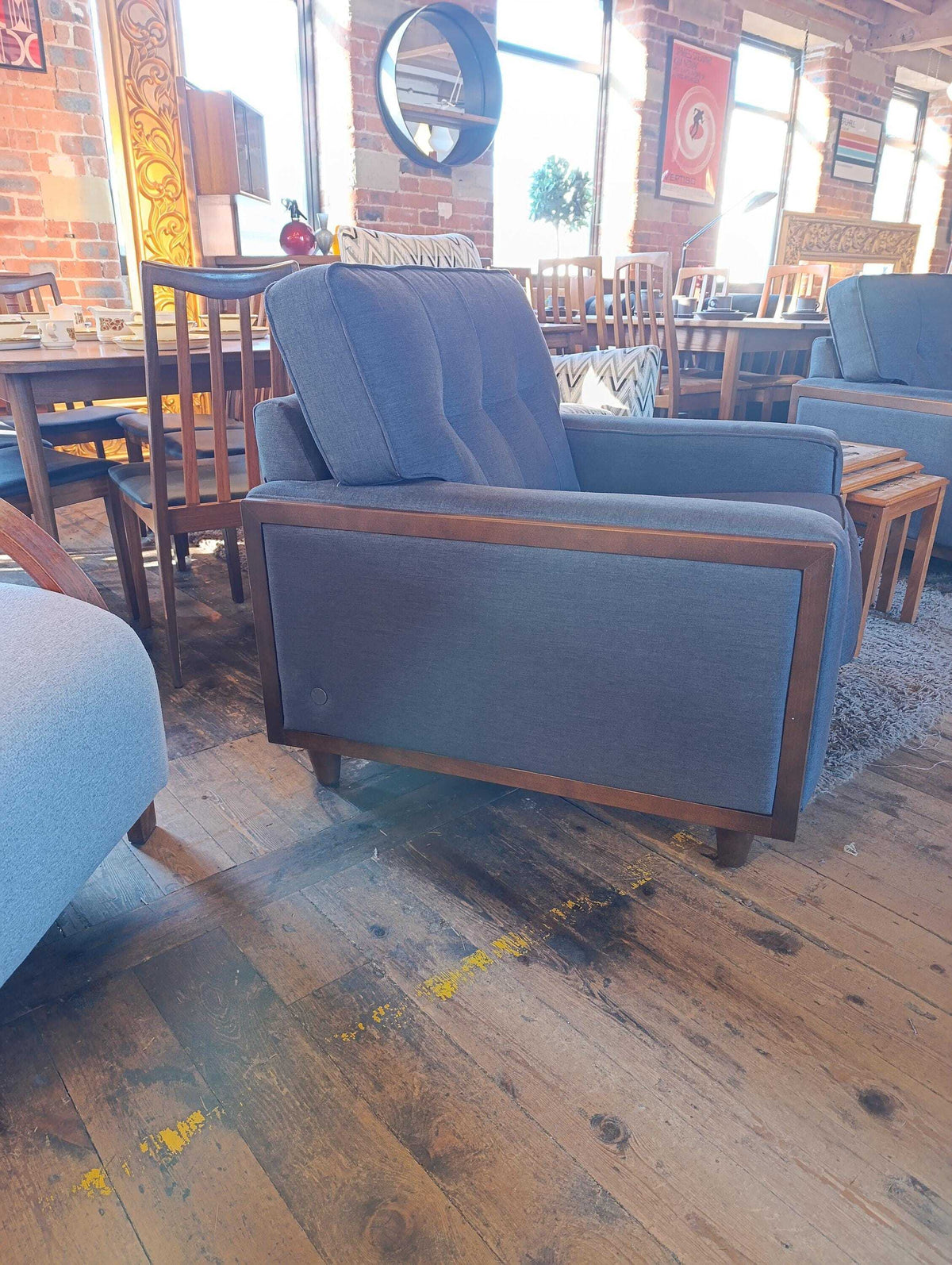 G Plan Vintage Agatha Armchair in Blue Fabric and Walnut — photograph 8